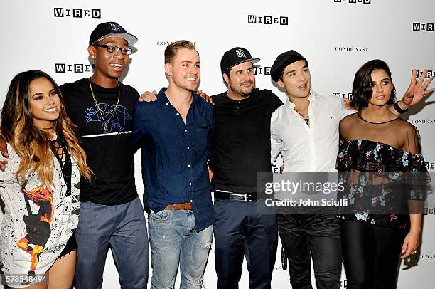 The cast of the Power Rangers movie Becky G, RJ Cyler, Dacre Montgomery, director Dean Israelite, Ludi Lin and Naomi Scott attend theWIRED Cafe...