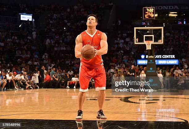 Football punter Steve Weatherford participates in the Roc Nation Summer Classic Charity Basketball Tournament at Barclays Center of Brooklyn on July...