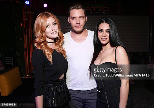 Actors Katherine McNamara, Dominic Sherwood and Emeraude Toubia pose backstage at the MTV Fandom Awards San Diego at PETCO Park on July 21, 2016 in...