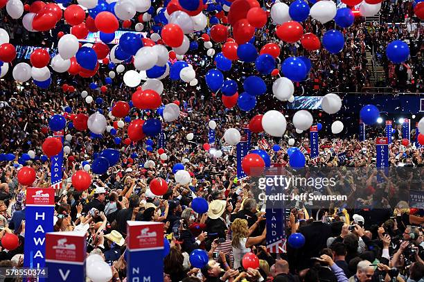 Balloons fall over the crowd after Republican presidential candidate Donald Trump delivered his speech on the fourth day of the Republican National...