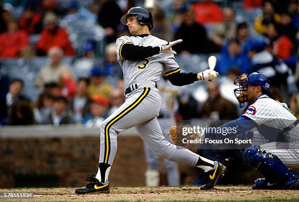 Jay Bell of the Pittsburgh Pirates bats against the Chicago Cubs during an Major League Baseball game circa 1992 at Wrigley Field in Chicago,...