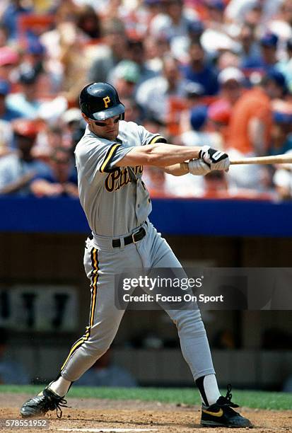 Jay Bell of the Pittsburgh Pirates bats against the New York Mets during an Major League Baseball game circa 1992 at Shea Stadium in the Queens...