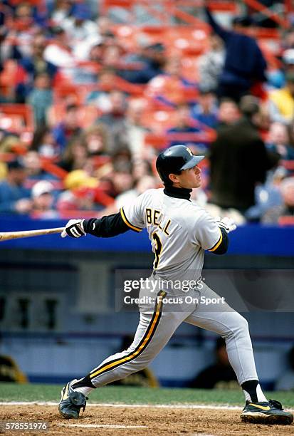 Jay Bell of the Pittsburgh Pirates bats against the New York Mets during an Major League Baseball game circa 1996 at Shea Stadium in the Queens...