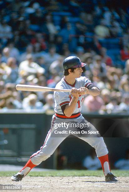 Bobby Valentine of the California Angels bats against the Baltimore Orioles during an Major League Baseball game circa 1973 at Memorial Stadium in...