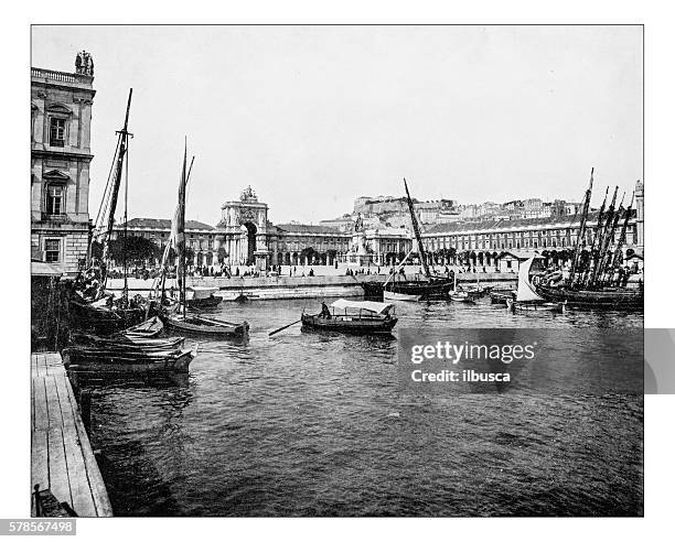 antique photograph of praça do comércio (lisbon, portugal)-19th century - terreiro do paço stock illustrations