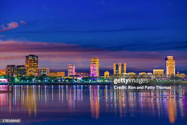 long beach harbor with skyline and water reflections, ca - long beach california stock pictures, royalty-free photos & images