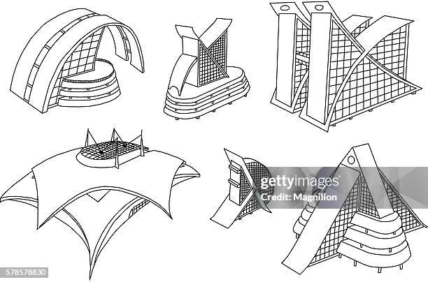 stockillustraties, clipart, cartoons en iconen met architectural building doodles set - track and field stadium