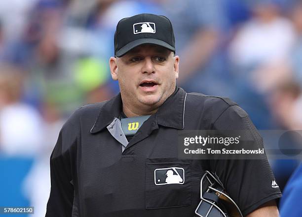 Home plate umpire Andy Fletcher before the start of the Toronto Blue Jays MLB game against the Detroit Tigers on July 7, 2016 at Rogers Centre in...