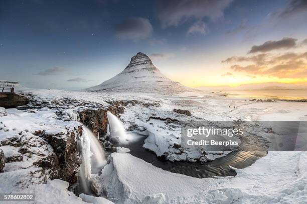 sunrise at kirkjufell mountain with waterfall at iceland. - snaefellsnes stock pictures, royalty-free photos & images