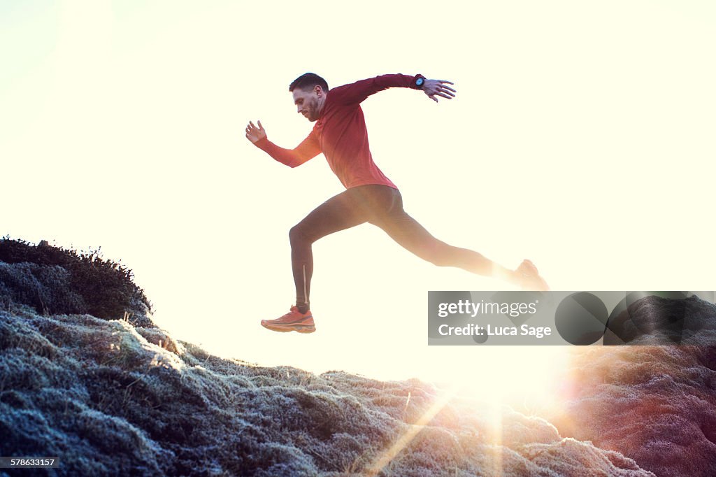 Male runner leaps through sunlit grassy landscape