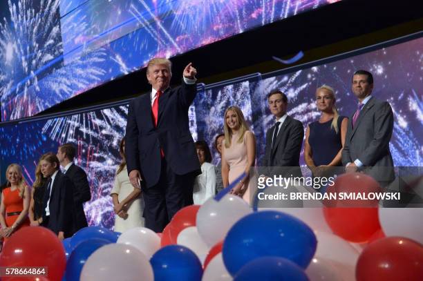 Republican Presidential candidate Donald Trump points at delegates after his acceptance speech during the 2016 Republican National Convention July...