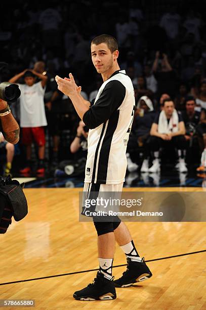 Nick Jonas attends 2016 Roc Nation Summer Classic Charity Basketball Tournament at Barclays Center of Brooklyn on July 21, 2016 in the Brooklyn...