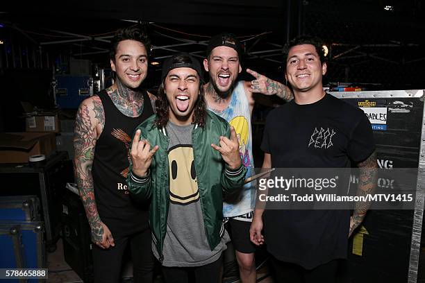 Musicians Tony Perry, Vic Fuentes, Mike Fuentes and Jaime Preciado of the band Pierce the Veil attend the MTV Fandom Awards San Diego at PETCO Park...