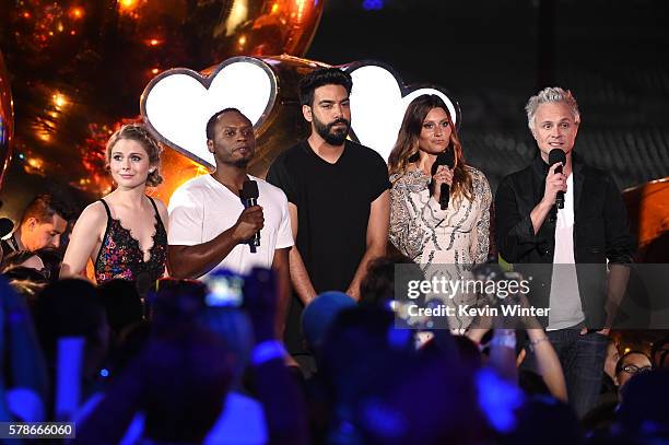 Actors Rose McIver, Malcom Goodwin, Rahul Kohlie, Aly Michalka and David Anders speak on stage at the MTV Fandom Awards San Diego at PETCO Park on...