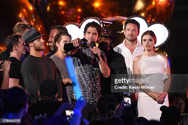 Executive producer Jeff Davis, actors Cody Christian, JR Bourne, Dylan Sprayberry, Host Tyler Posey, actors Ian Bohen and Holland Roden accept the...