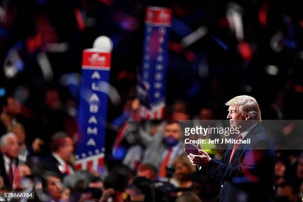 Republican presidential candidate Donald Trump acknowledges the crowd at the end of the Republican National Convention on July 21, 2016 at the...