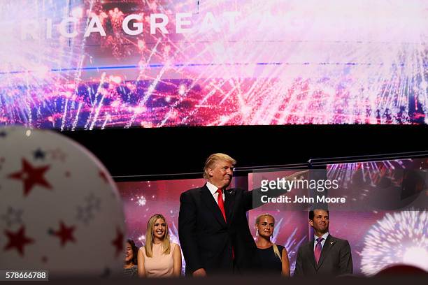 Republican presidential candidate Donald Trump acknowledges the crowd at the end of the Republican National Convention on July 21, 2016 at the...