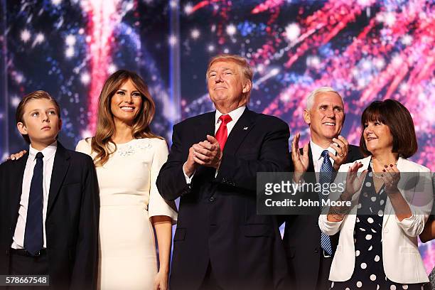 Barron Trump, Melania Trump, Republican presidential candidate Donald Trump, Republican vice presidential candidate Mike Pence and Karen Pence...