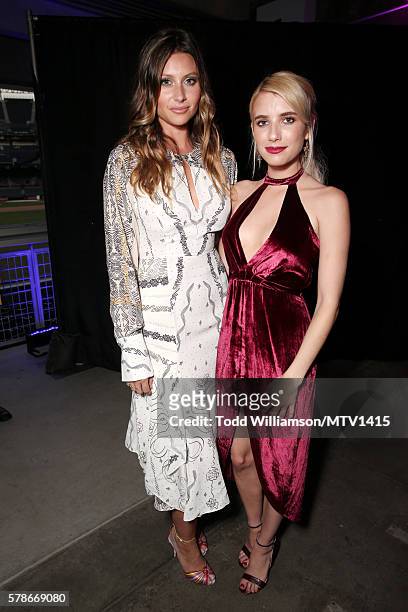 Actors Aly Michalka and Emma Roberts pose backstage at the MTV Fandom Awards San Diego at PETCO Park on July 21, 2016 in San Diego, California.