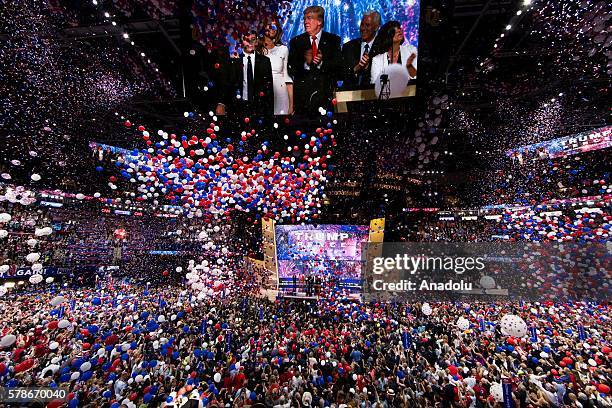 Balloons and confetti drop from the ceiling of Quicken Loans Arena to celebrate the end of the 2016 Republican National Convention and the nomination...