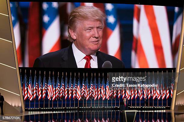 Donald Trump on the fourth day of the Republican National Convention on July 21, 2016 at the Quicken Loans Arena in Cleveland, Ohio. An estimated...