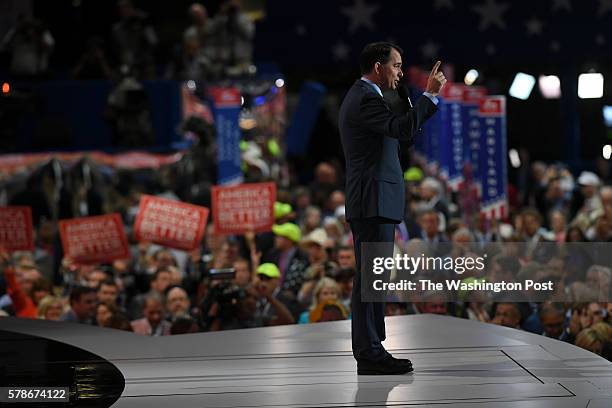 Wisconsin Governor Scott Walker addresses the Republican National Convention on Wednesday, July 20, 2016.