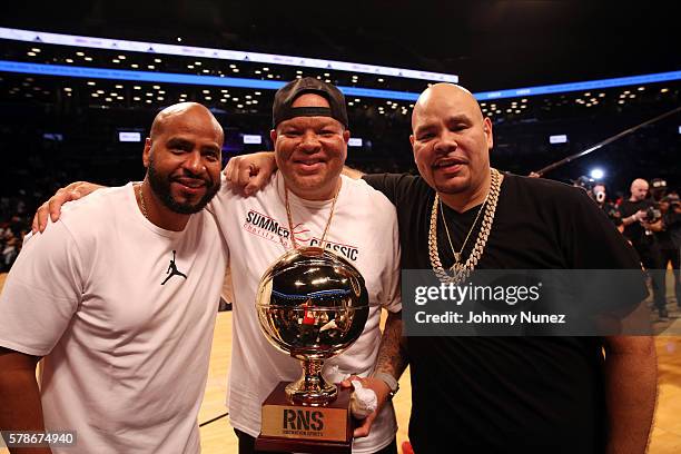 Juan OG Perez, Shawn "Pecas" Costner, and Fat Joe attend the 2016 Roc Nation Summer Classic Charity Basketball Tournament at Barclays Center of...