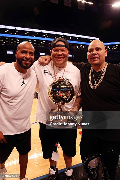 Juan OG Perez, Shawn "Pecas" Costner, and Fat Joe attend the 2016 Roc Nation Summer Classic Charity Basketball Tournament at Barclays Center of...
