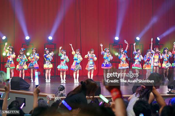 Idol group AKB48 perform onstage at the Universal Studios Japan on July 21, 2016 in Osaka, Japan.