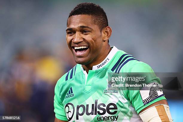 Waisake Naholo of the Highlanders celebrates victory following the Super Rugby Quarterfinal match between the Brumbies and the Highlanders at GIO...