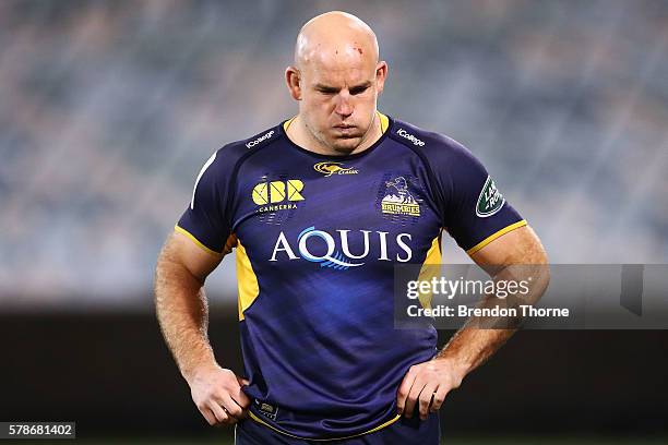 Stephen Moore of the Brumbies shows his dejection as he leaves the field for the last time as a Brumbies player following the Super Rugby...