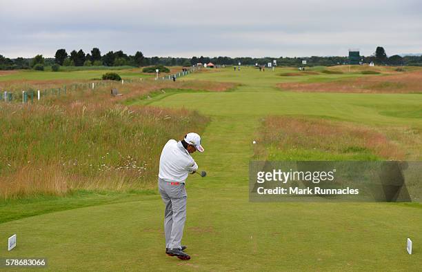 Kohki Idoki of Japan tee shot at the 6th during the second day of The Senior Open Championship at Carnoustie Golf Club on July 22, 2016 in...