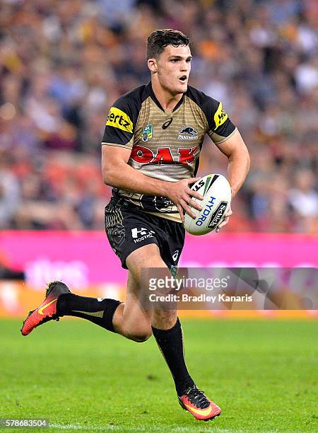 Nathan Cleary of the Panthers looks to take on the defence during the round 20 NRL match between the Brisbane Broncos and the Penrith Panthers at...