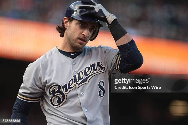 Milwaukee Brewers left fielder Ryan Braun after striking out during the first inning of the San Francisco Giants 4-2 victory over the Milwaukee...
