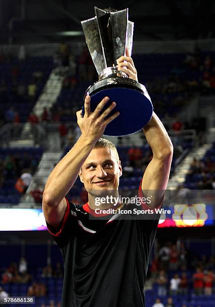 Nemanja Vidic of Manchester United with the winners trophy during the MLS All-Star game against the MLS All-Stars at Red Bull Arena, in Harrison, New...