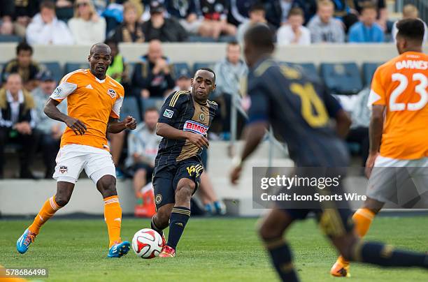 Philadelphia Union defender/midfielder Amobi Okugo winds his way past his defender during the MLS game between Houston Dynamo and the Philadelphia...