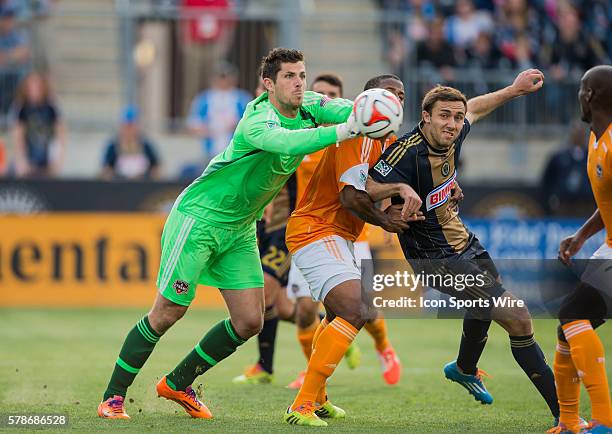 Houston Dynamo goalkeeper Tally Hall pounds off a shot at the goal during the MLS game between Houston Dynamo and the Philadelphia Union at PPL Park...