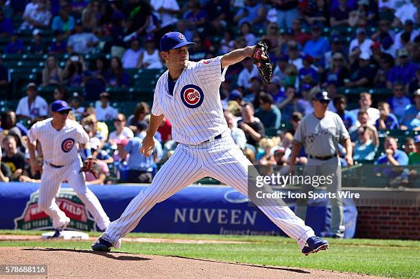 Chicago Cubs relief pitcher Jacob Turner pitching as the Chicago Cubs played spoiler, by defeating the Milwaukee Brewers, 4-2 at Wrigley Field,...