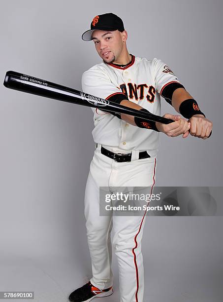 Giants Outfielder Juan Perez poses for a portrait during the San Francisco Giants photo day inside Scottsdale Stadium in Scottsdale, AZ.