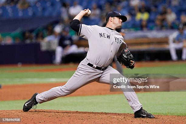 New York Yankees relief pitcher Preston Claiborne delivers a pitch during the MLB regular season game between the New York Yankees and Tampa Bay Rays...