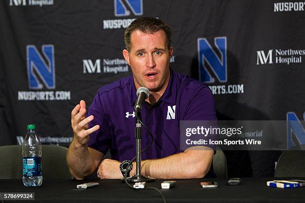 Northwestern head coach Pat Fitzgerald talks with the media after a football game between the Wisconsin Badger and the Northwestern Wildcats. The...