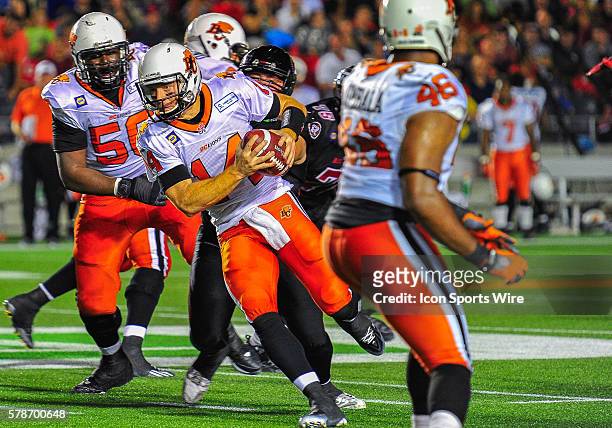 Travis Lulay makes a run with the ball during the Ottawa RedBlacks game versus the BC Lions at TD Place Stadium in Ottawa, ON. Canada. RedBlacks lead...