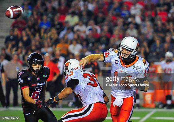 Travis Lulay looks to throw the ball during the Ottawa RedBlacks game versus the BC Lions at TD Place Stadium in Ottawa, ON. Canada. RedBlacks lead...