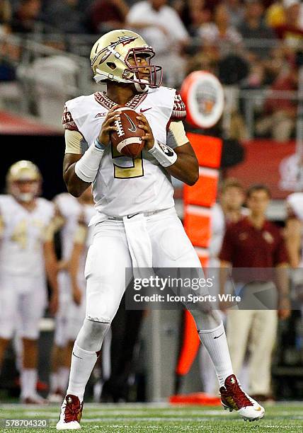 Florida State Seminoles quarterback Jameis Winston during a NCAA football game between the Florida State Seminoles and the Oklahoma State Cowboys in...