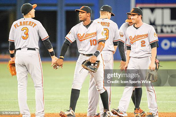 Baltimore Orioles infielder Ryan Flaherty and Baltimore Orioles outfielder Adam Jones celebrate their win. The Baltimore Orioles defeated the Toronto...