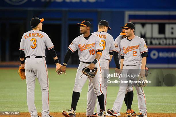 Baltimore Orioles infielder Ryan Flaherty and Baltimore Orioles outfielder Adam Jones celebrate their win. The Baltimore Orioles defeated the Toronto...