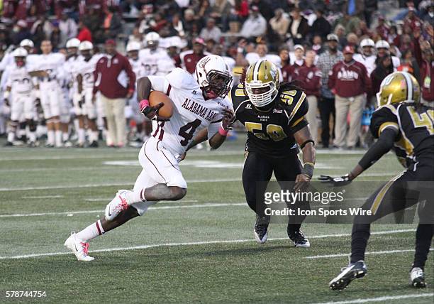 Alabama A&M wide receiver Montaurius Smith goes into the end zone for the score in the game between Alabama State and Alabama A&M. Alabama State...
