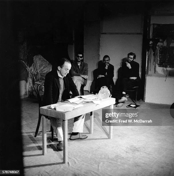 American poet Frank O'Hara reads some of his poetry at a benefit for Yugen Press at the Living Theatre, 69 W. 14TH ST., New York, November 2, 1959....