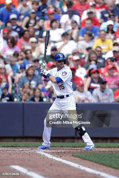 Will Middlebrooks of the Milwaukee Brewers gets ready for the next pitch during the game against the St. Louis Cardinals at Miller Park on July 09,...