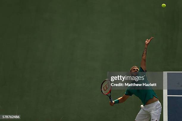 Daniel Evans of Great Britain serves to Grigor Dimitrov of Bulgaria during day 2 of the Citi Open at Rock Creek Tennis Center on July 19, 2016 in...